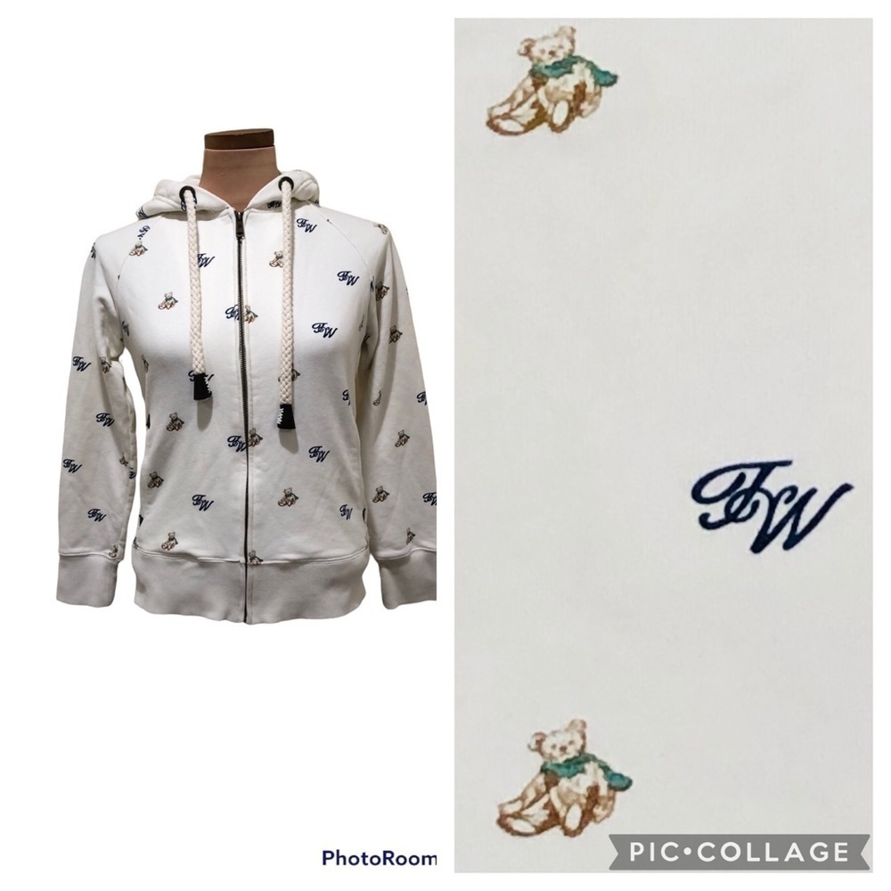 Teenie Weenie Full Zip Teddy Bear Logo Print Hood Sweatshirt Hoodie Cream Medium